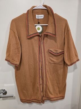 OXKnit Retro 70s Brown Knit Button Up Polo Shirt